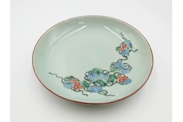 江戸期　古伊万里　青磁　色絵　約20cm　6.4寸　上品な絵付けが美しい中皿5枚セット　(R-084799)