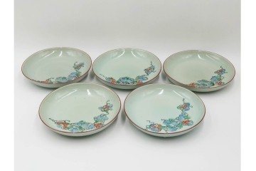 江戸期　古伊万里　青磁　色絵　約20cm　6.4寸　上品な絵付けが美しい中皿5枚セット　(R-084799)