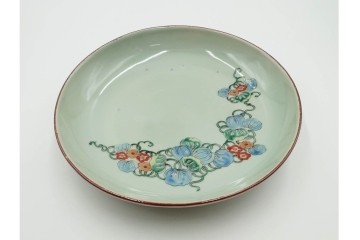 江戸期　古伊万里　青磁　色絵　約20cm　6.4寸　上品な絵付けが美しい中皿5枚セット　(R-084799)