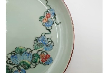 江戸期　古伊万里　青磁　色絵　約20cm　6.4寸　上品な絵付けが美しい中皿5枚セット　(R-084799)