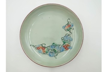 江戸期　古伊万里　青磁　色絵　約20cm　6.4寸　上品な絵付けが美しい中皿5枚セット　(R-084799)