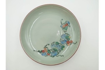 江戸期　古伊万里　青磁　色絵　約20cm　6.4寸　上品な絵付けが美しい中皿5枚セット　(R-084799)