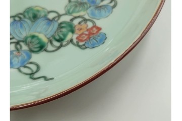 江戸期　古伊万里　青磁　色絵　約20cm　6.4寸　上品な絵付けが美しい中皿5枚セット　(R-084799)