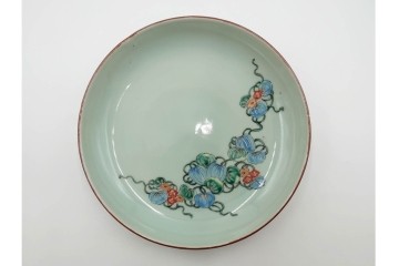 江戸期　古伊万里　青磁　色絵　約20cm　6.4寸　上品な絵付けが美しい中皿5枚セット　(R-084799)