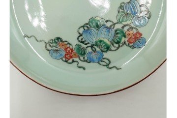 江戸期　古伊万里　青磁　色絵　約20cm　6.4寸　上品な絵付けが美しい中皿5枚セット　(R-084799)