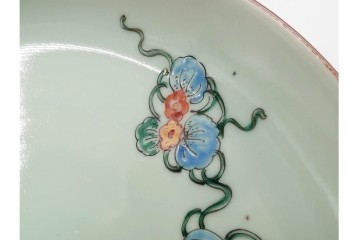 江戸期　古伊万里　青磁　色絵　約20cm　6.4寸　上品な絵付けが美しい中皿5枚セット　(R-084799)