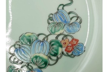 江戸期　古伊万里　青磁　色絵　約20cm　6.4寸　上品な絵付けが美しい中皿5枚セット　(R-084799)