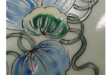 江戸期　古伊万里　青磁　色絵　約20cm　6.4寸　上品な絵付けが美しい中皿5枚セット　(R-084799)