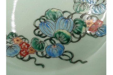 江戸期　古伊万里　青磁　色絵　約20cm　6.4寸　上品な絵付けが美しい中皿5枚セット　(R-084799)