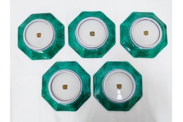 三ツ井為吉　九谷焼　吉田屋絵変　約17cm　5.6寸　共箱付　八角形の銘々皿5枚セット　(R-084800)　