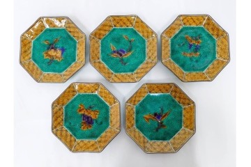 三ツ井為吉　九谷焼　吉田屋絵変　約17cm　5.6寸　共箱付　八角形の銘々皿5枚セット　(R-084800)　