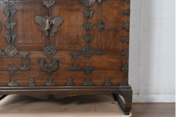 アジアンヴィンテージ　アンティーク調　蝶の羽をモチーフにしたシンメトリーデザインが魅力的な李朝箪笥　(R-084806)