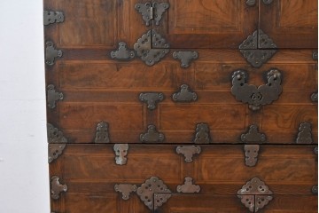 アジアンヴィンテージ　アンティーク調　蝶の羽をモチーフにしたシンメトリーデザインが魅力的な李朝箪笥　(R-084806)