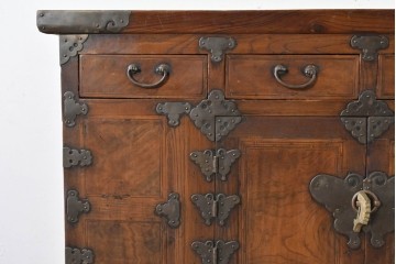 アジアンヴィンテージ　アンティーク調　蝶の羽をモチーフにしたシンメトリーデザインが魅力的な李朝箪笥　(R-084806)