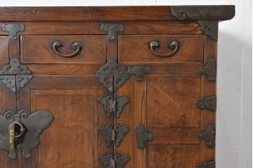 アジアンヴィンテージ　アンティーク調　蝶の羽をモチーフにしたシンメトリーデザインが魅力的な李朝箪笥　(R-084806)