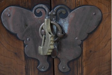 アジアンヴィンテージ　アンティーク調　蝶の羽をモチーフにしたシンメトリーデザインが魅力的な李朝箪笥　(R-084806)