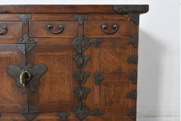 アジアンヴィンテージ　アンティーク調　蝶の羽をモチーフにしたシンメトリーデザインが魅力的な李朝箪笥　(R-084807)