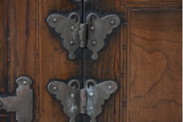 アジアンヴィンテージ　アンティーク調　蝶の羽をモチーフにしたシンメトリーデザインが魅力的な李朝箪笥　(R-084808)