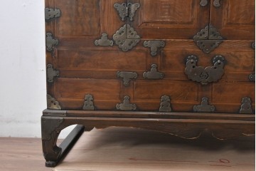 アジアンヴィンテージ　アンティーク調　蝶の羽をモチーフにしたシンメトリーデザインが魅力的な李朝箪笥　(R-084808)