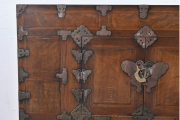 アジアンヴィンテージ　アンティーク調　蝶の羽をモチーフにしたシンメトリーデザインが魅力的な李朝箪笥　(R-084808)