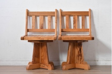 和製ビンテージ　美品　希少品　屋久杉　温もりと格調を備えた回転チェア2脚　セット定価約100万円相当　(R-084821)