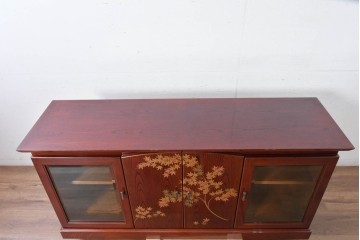 中古　最高級　工芸家具　総欅(ケヤキ)材　総漆塗り　金蒔絵入り　紅葉の図　優雅な蒔絵が空間に華を添える天板上開きサイドボード　定価推定150万円以上　(R-084853)