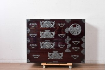 中古　美品　欅産業　表面欅(ケヤキ)材　内部桐材　木地呂塗り　漆塗りの光沢が美しい仙台箪笥サイドチェスト　(R-084861)