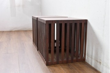 和製ビンテージ 収納箱とスツールの2way使いができる木製コンテナ2個セット (R-084863)