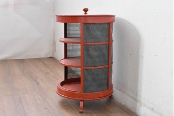 和製アンティーク　激レア!!　高級品!!　別途有料でフロアスタンド照明にもリメイク可能!!　雅な赤塗り・円筒型の蠅帳(はいちょう、食品保管庫)　(R-084869)