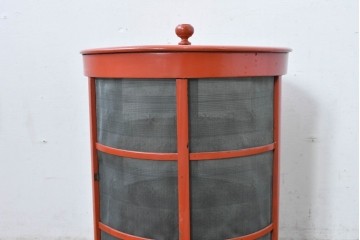 和製アンティーク　激レア!!　高級品!!　別途有料でフロアスタンド照明にもリメイク可能!!　雅な赤塗り・円筒型の蠅帳(はいちょう、食品保管庫)　(R-084869)