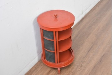 和製アンティーク　激レア!!　高級品!!　別途有料でフロアスタンド照明にもリメイク可能!!　雅な赤塗り・円筒型の蠅帳(はいちょう、食品保管庫)　(R-084869)