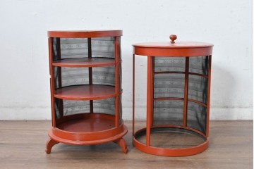 和製アンティーク　激レア!!　高級品!!　別途有料でフロアスタンド照明にもリメイク可能!!　雅な赤塗り・円筒型の蠅帳(はいちょう、食品保管庫)　(R-084869)