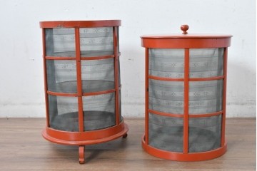 和製アンティーク　激レア!!　高級品!!　別途有料でフロアスタンド照明にもリメイク可能!!　雅な赤塗り・円筒型の蠅帳(はいちょう、食品保管庫)　(R-084869)