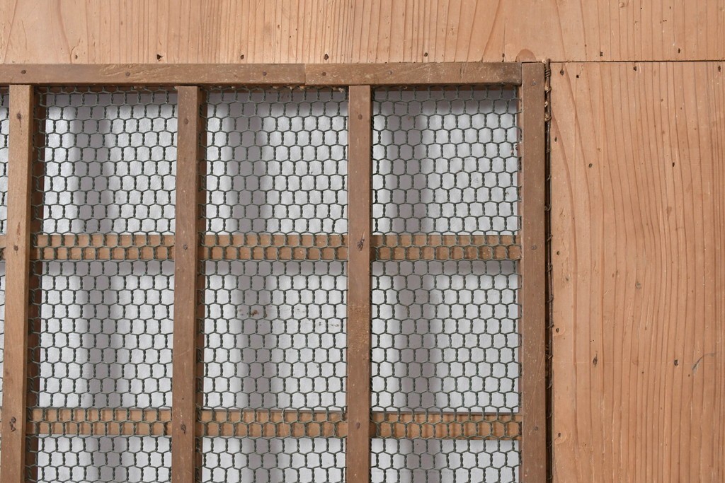 アンティーク建具　明治～大正　金網入り格子窓と装飾板の組み合わせが珍しい蔵戸1枚　(R-084878)