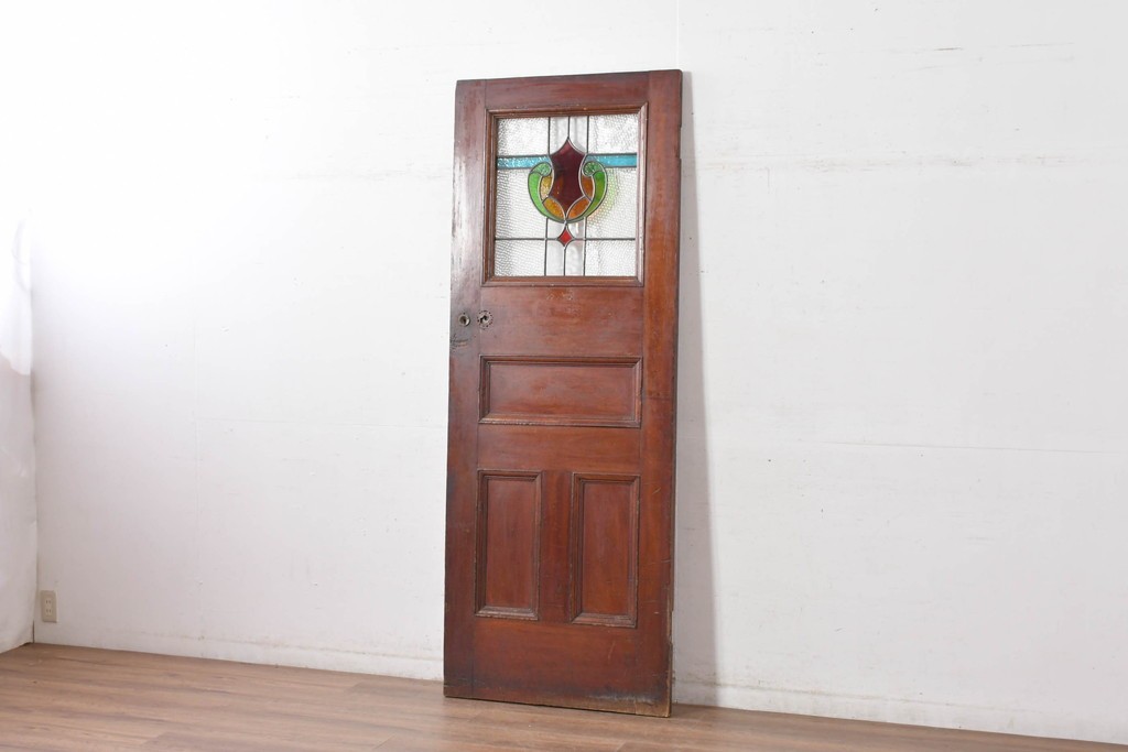 イギリスアンティーク　赤・緑・琥珀色のステンドグラスが印象的な木製ドア1枚　(R-084881)