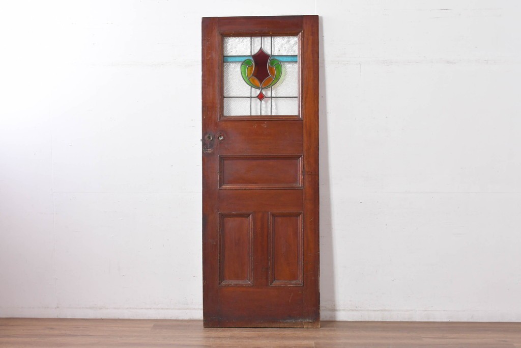 イギリスアンティーク　赤・緑・琥珀色のステンドグラスが印象的な木製ドア1枚　(R-084881)