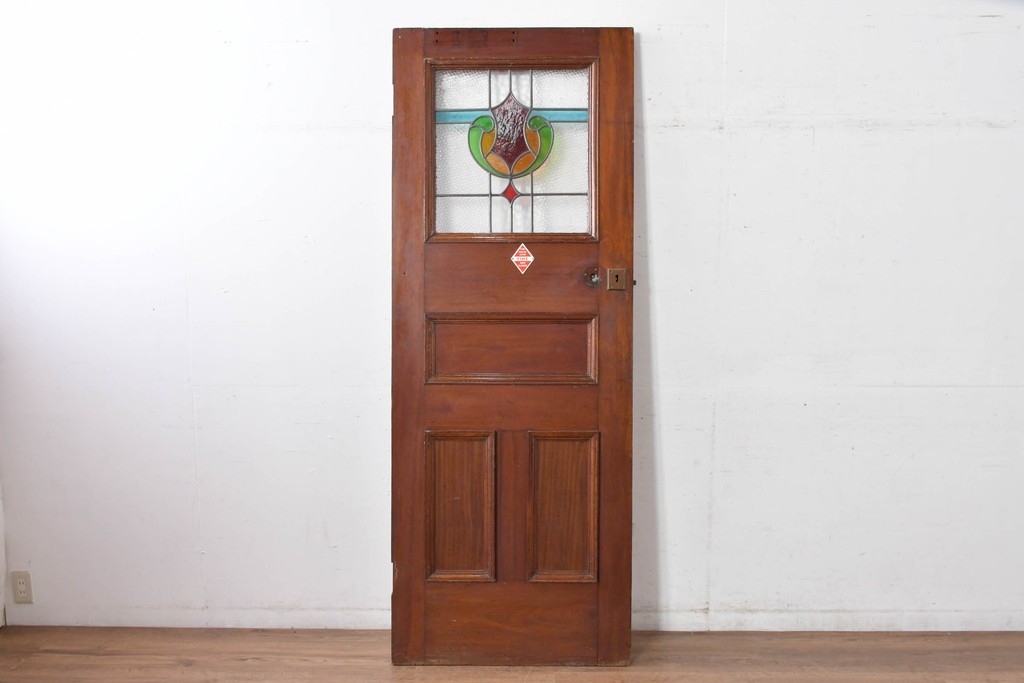 イギリスアンティーク　赤・緑・琥珀色のステンドグラスが印象的な木製ドア1枚　(R-084881)