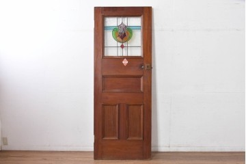 イギリスアンティーク　赤・緑・琥珀色のステンドグラスが印象的な木製ドア1枚　(R-084881)