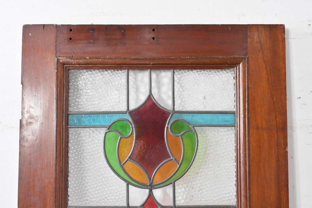 イギリスアンティーク　赤・緑・琥珀色のステンドグラスが印象的な木製ドア1枚　(R-084881)