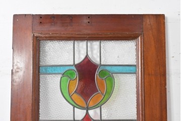 イギリスアンティーク　赤・緑・琥珀色のステンドグラスが印象的な木製ドア1枚　(R-084881)