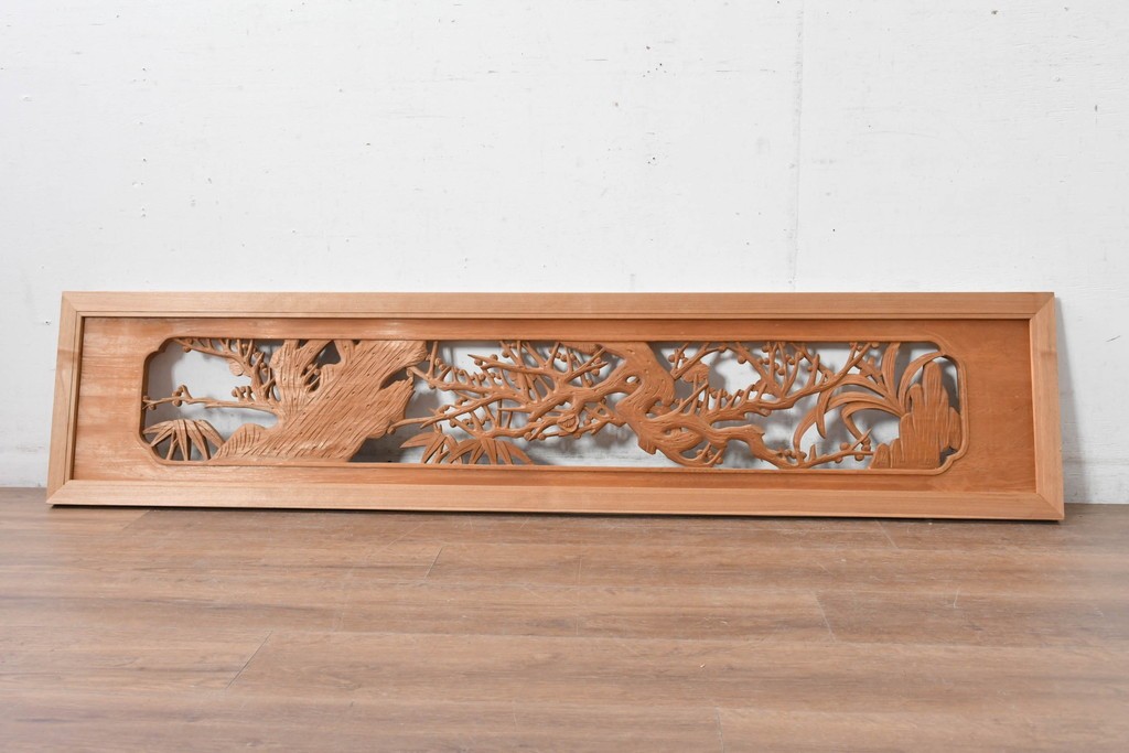 ヴィンテージ建具　昭和後期　井波彫刻　梅竹図の彫刻欄間1枚　(R-084891)