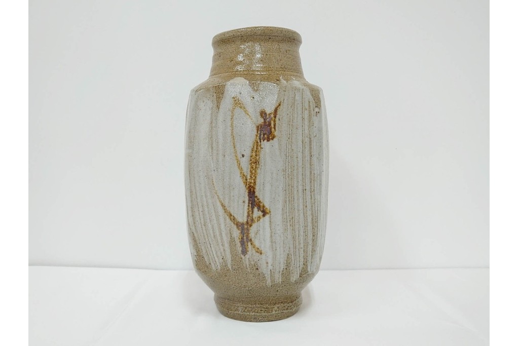 人間国宝　濱田庄司(浜田庄司)　塩釉絵刷毛目　高さ約30cmの益子焼花瓶　共箱付き　(R-084910)