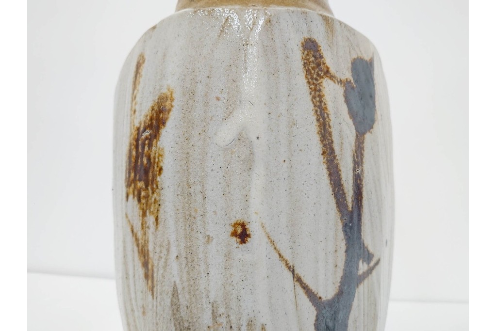 人間国宝　濱田庄司(浜田庄司)　塩釉絵刷毛目　高さ約30cmの益子焼花瓶　共箱付き　(R-084910)