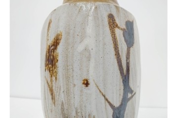 人間国宝　濱田庄司(浜田庄司)　塩釉絵刷毛目　高さ約30cmの益子焼花瓶　共箱付き　(R-084910)