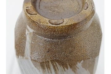 人間国宝　濱田庄司(浜田庄司)　塩釉絵刷毛目　高さ約30cmの益子焼花瓶　共箱付き　(R-084910)