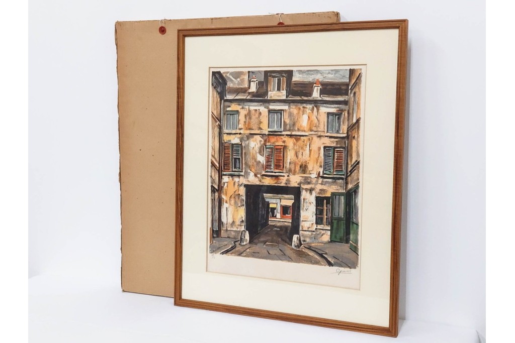 真作　サイン入り　荻須高徳　「中庭に続くロケット通り」　パリの街並みを描いた和紙刷りリトグラフ　外箱付き　(R-084918)