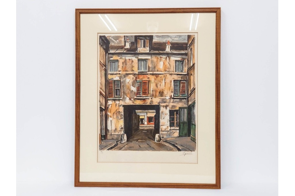 真作　サイン入り　荻須高徳　「中庭に続くロケット通り」　パリの街並みを描いた和紙刷りリトグラフ　外箱付き　(R-084918)