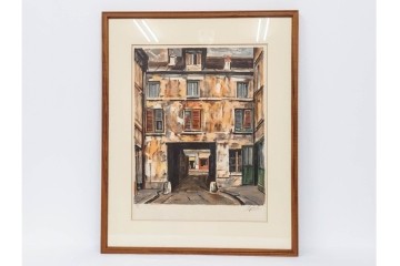 真作　サイン入り　荻須高徳　「中庭に続くロケット通り」　パリの街並みを描いた和紙刷りリトグラフ　外箱付き　(R-084918)