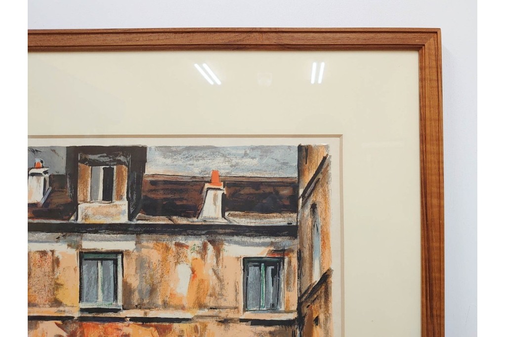 真作　サイン入り　荻須高徳　「中庭に続くロケット通り」　パリの街並みを描いた和紙刷りリトグラフ　外箱付き　(R-084918)