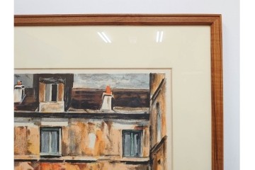 真作　サイン入り　荻須高徳　「中庭に続くロケット通り」　パリの街並みを描いた和紙刷りリトグラフ　外箱付き　(R-084918)